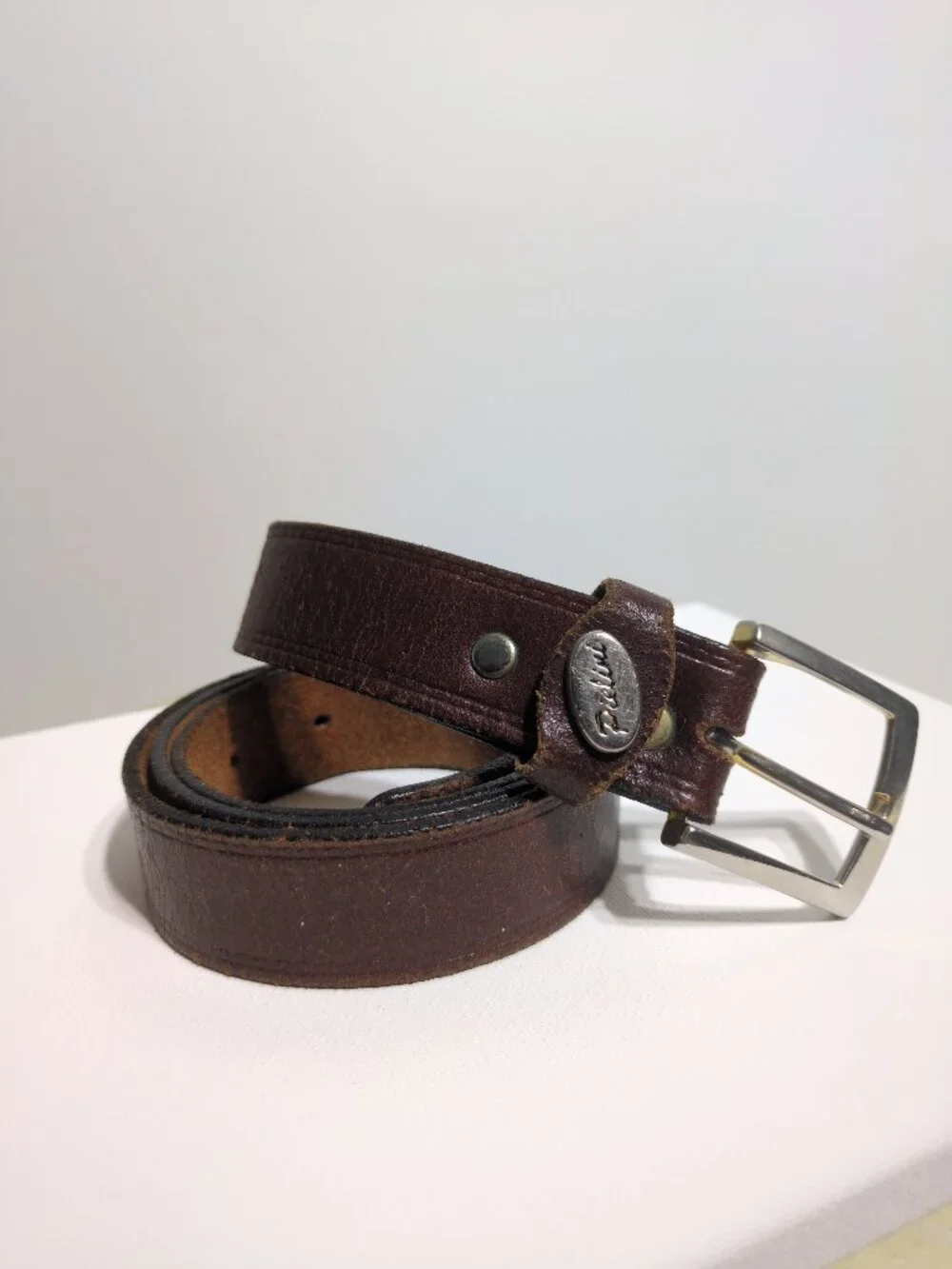 Pielini Brown Leather Belt Size 36 Large Silver Tone Distressed 1 Inch Wide